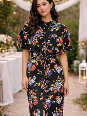 Vintage Ann Tobias Black Floral Ruffle Dress Size 8